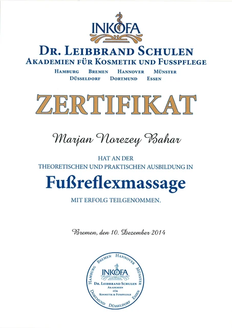 Fußreflexmassage: Zertifikat für Marjan, INKOFA Dr. Leibbrand · Bremen, 2014.
