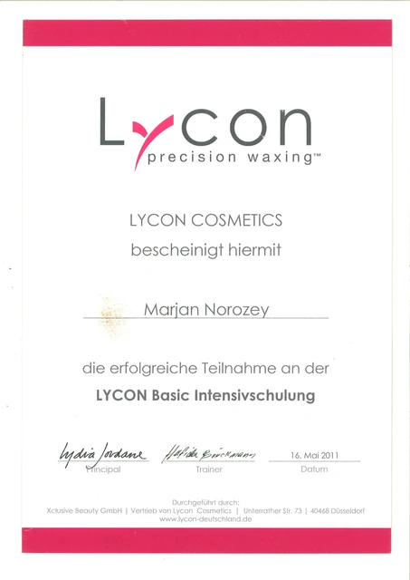 LYCON Basic Intensivschulung: Zertifikat für Marjan, LYCON Cosmetics, 2011.
