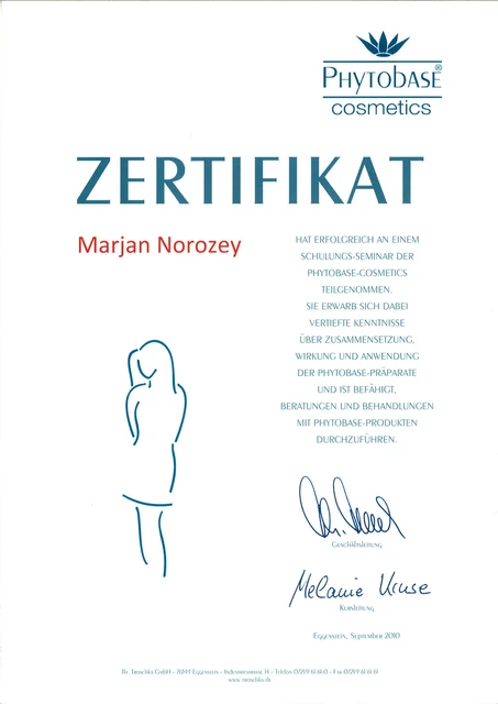 Phytobase Cosmetics: Zertifikat für Marjan, Produktschulung, 2010.